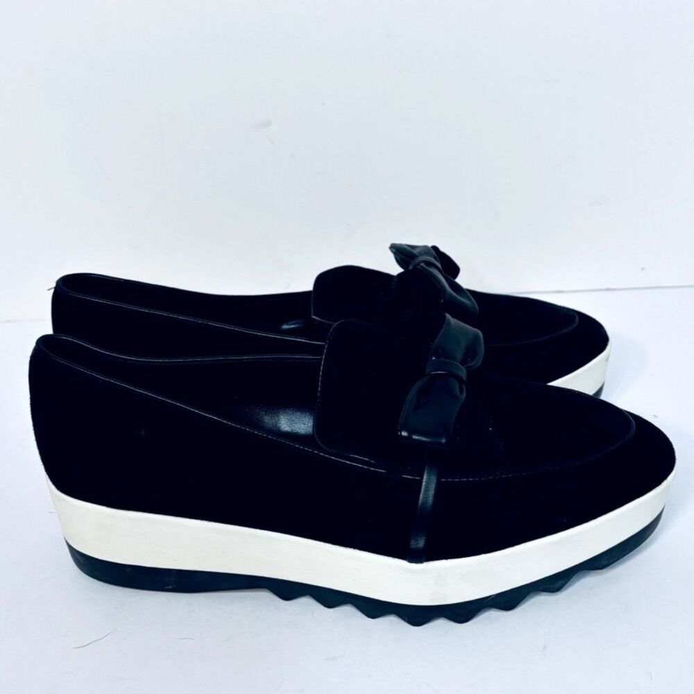 Karl Lagerfeld Suede Bow Platform Loafers Black White Womens